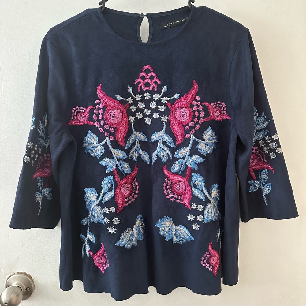 Zara Navy Embroidered Faux Suede Top